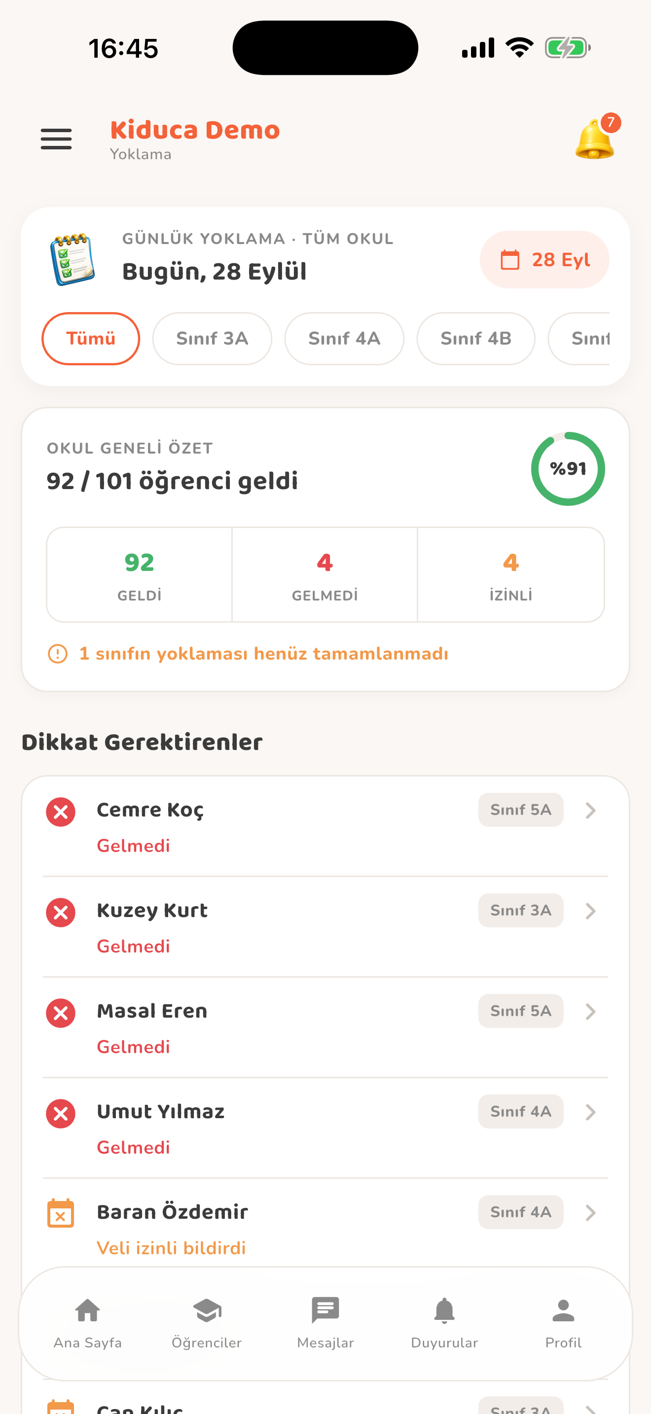 Okul genelinde yoklama — Kiduca uygulaması