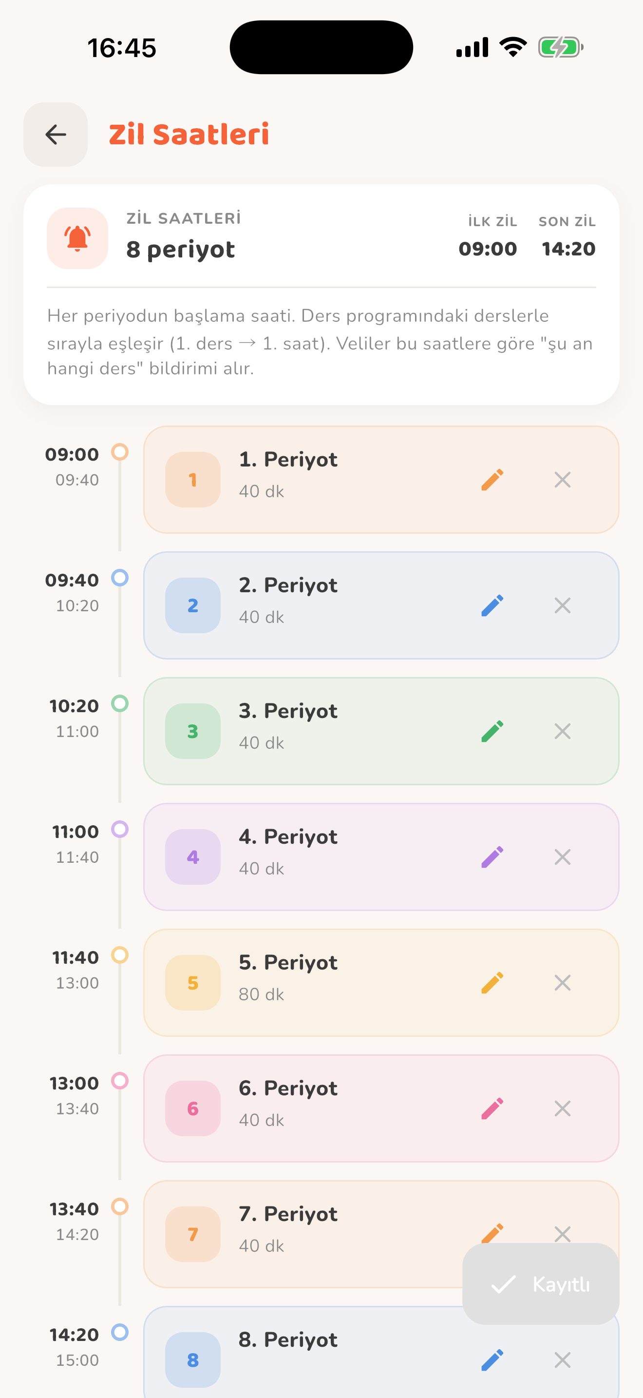 Zil ve periyot saatleri — Kiduca uygulaması