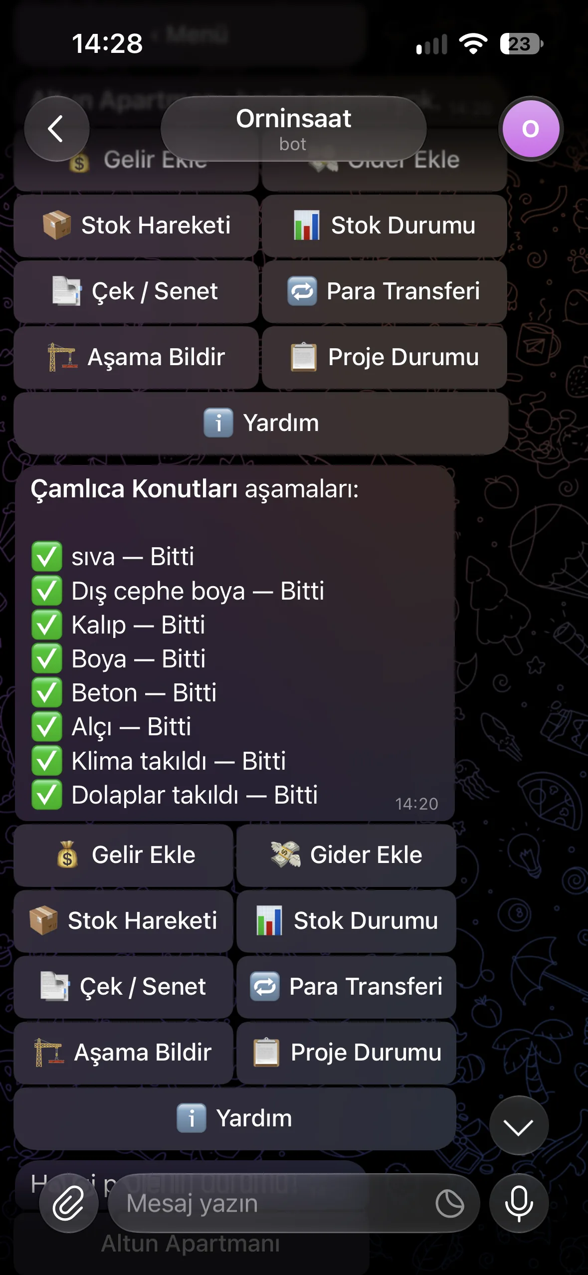 Projedeki aşamaların güncel durumu — Ornİnşaat uygulaması