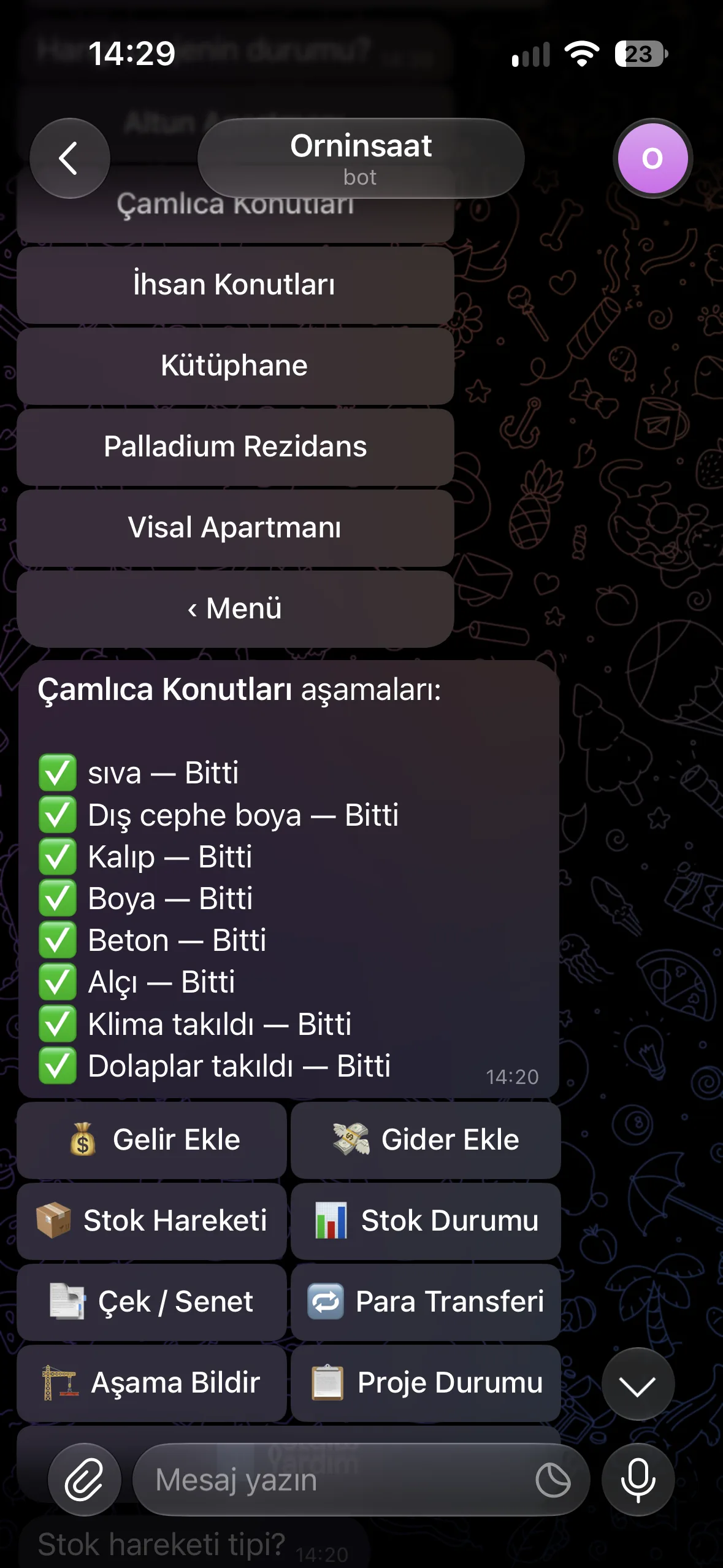 Proje seçerek aşamaları sorgulama — Ornİnşaat uygulaması