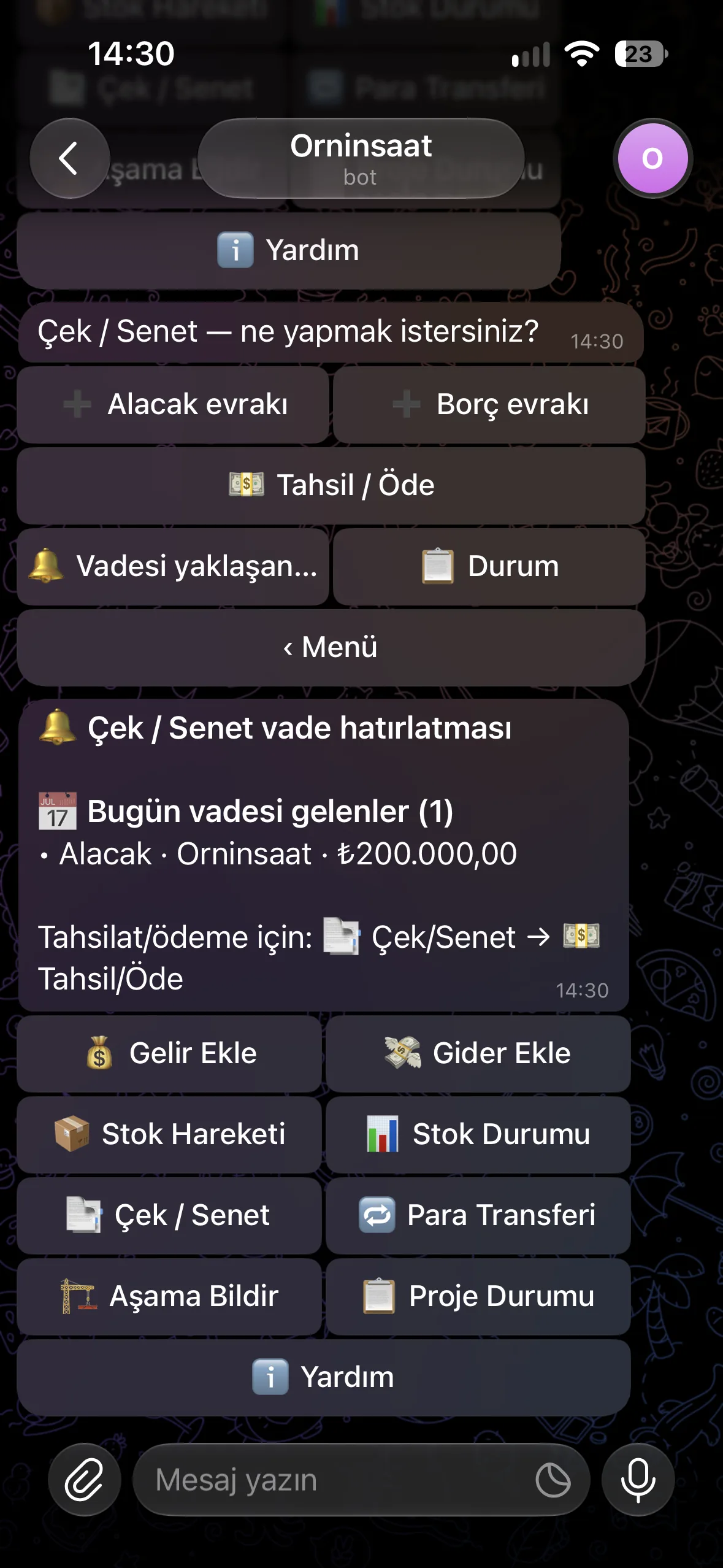 Otomatik vade hatırlatması — Ornİnşaat uygulaması