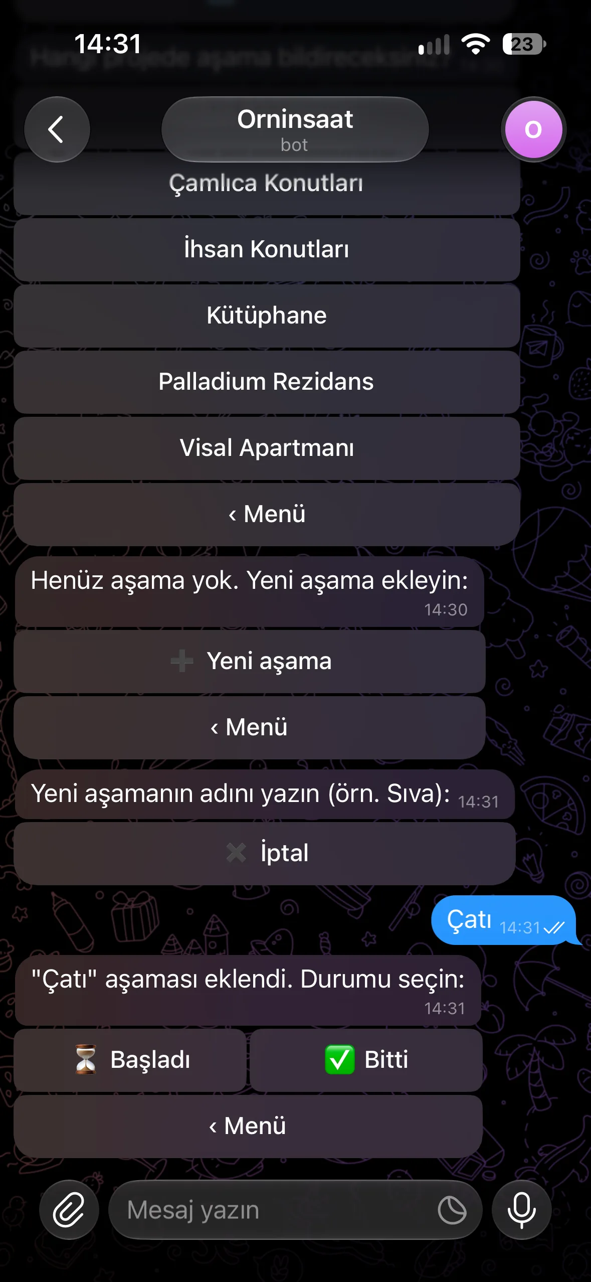 Sahadan aşama bildirimi — Ornİnşaat uygulaması