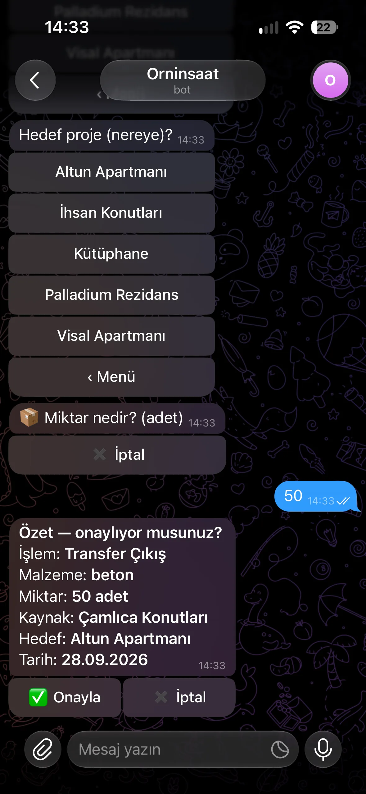 Projeler arasında malzeme transferi — Ornİnşaat uygulaması