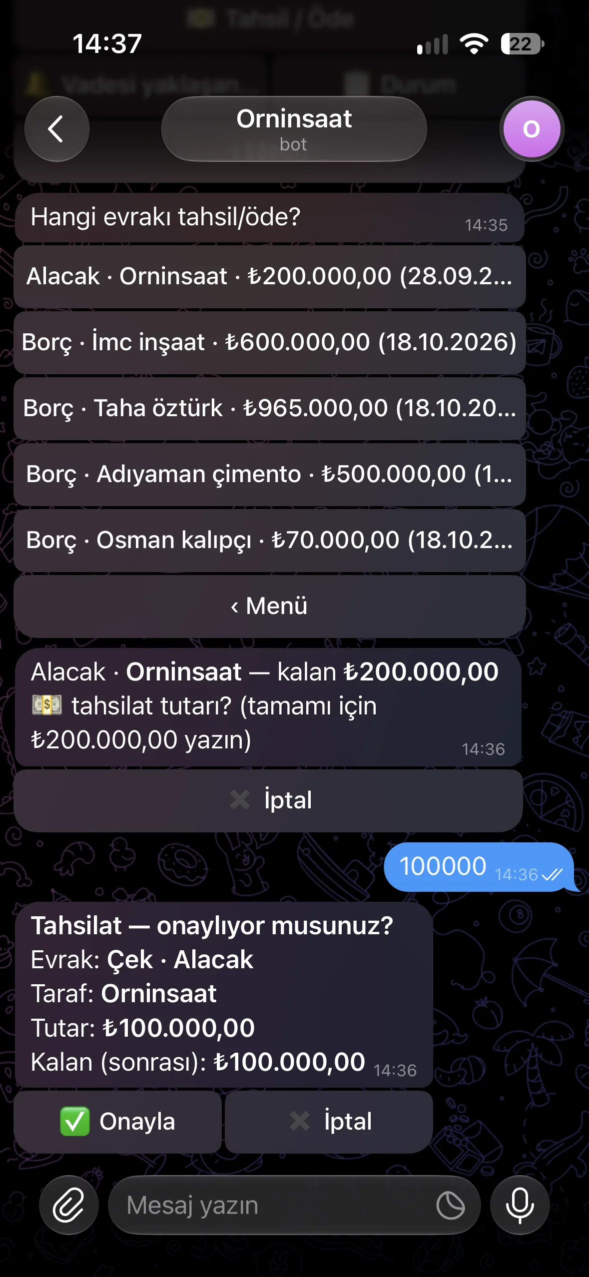 Çek / senet işlemi — Ornİnşaat uygulaması