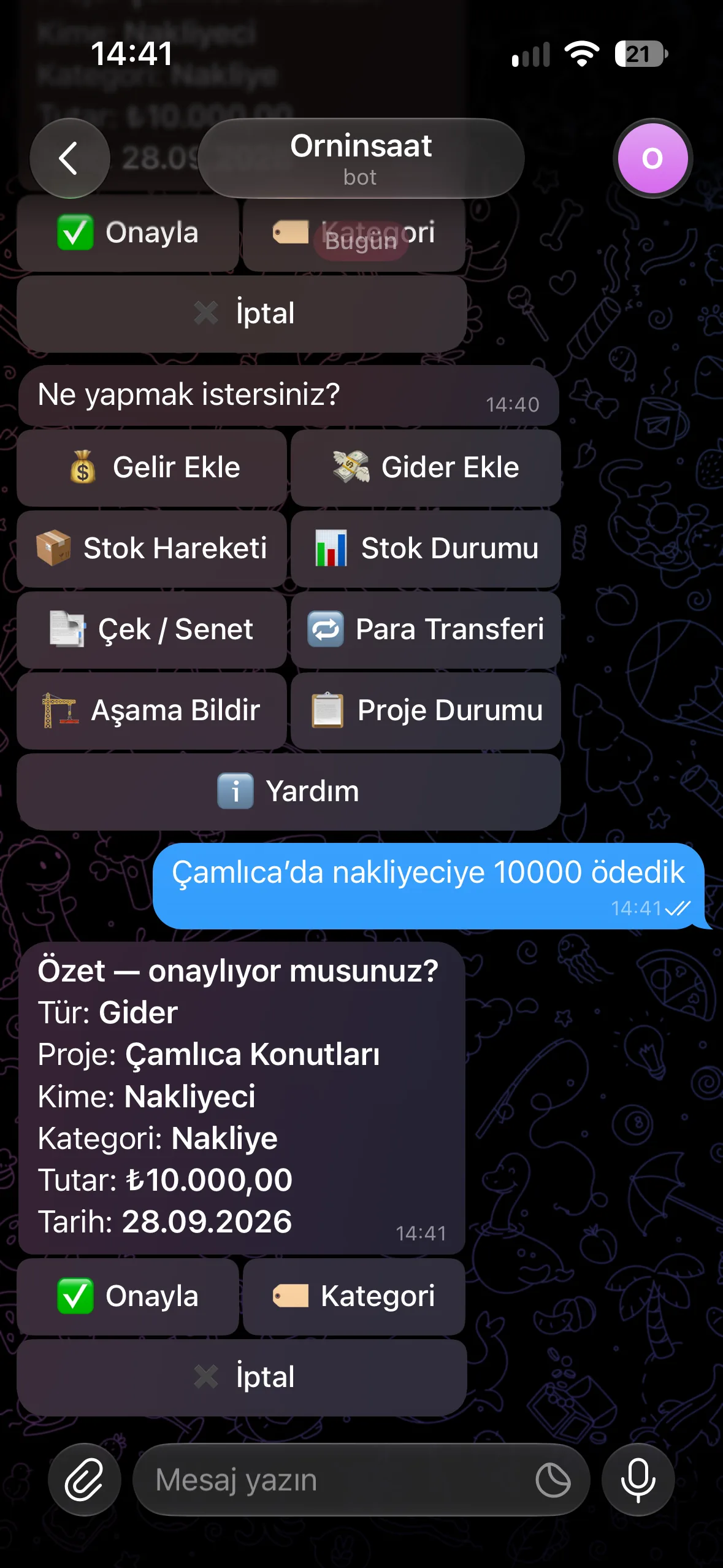 Mesajdan işlem özeti — Ornİnşaat uygulaması