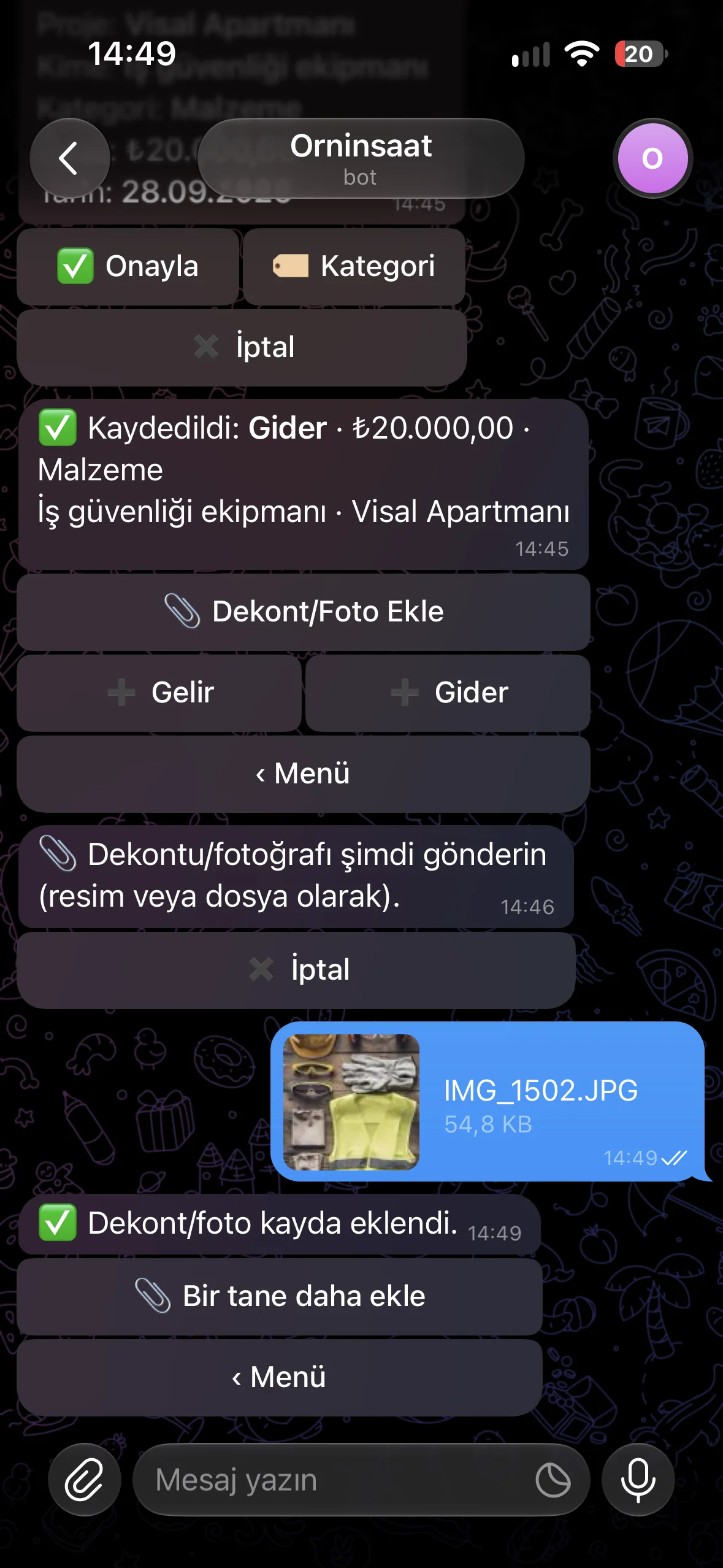 Dekont ekleme — Ornİnşaat uygulaması