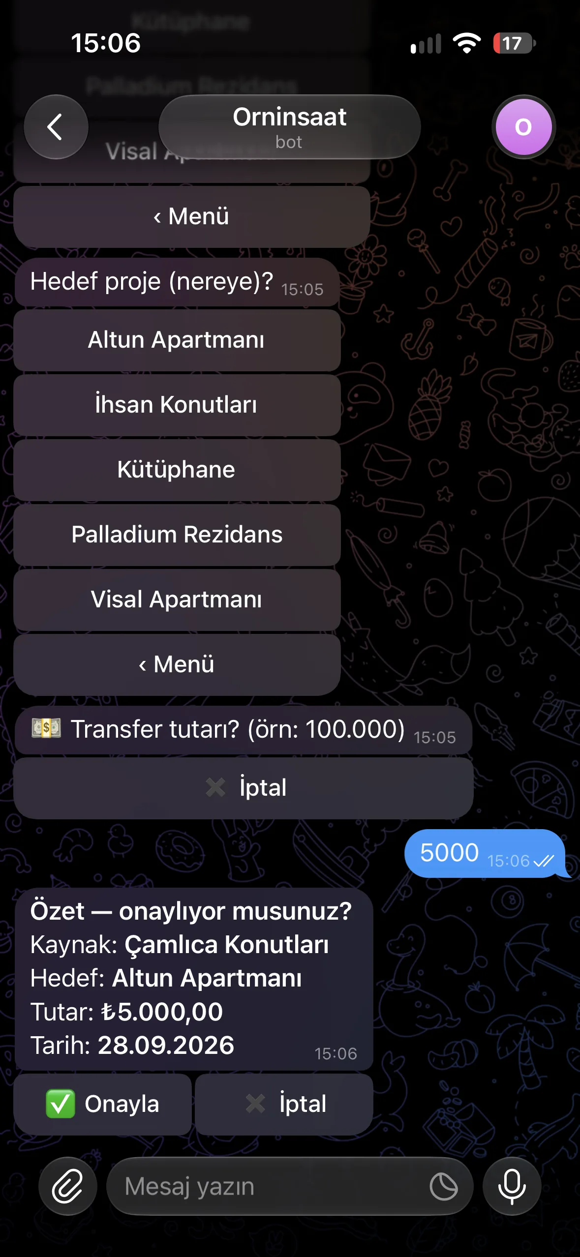 Projeler arası para kaydı — Ornİnşaat uygulaması