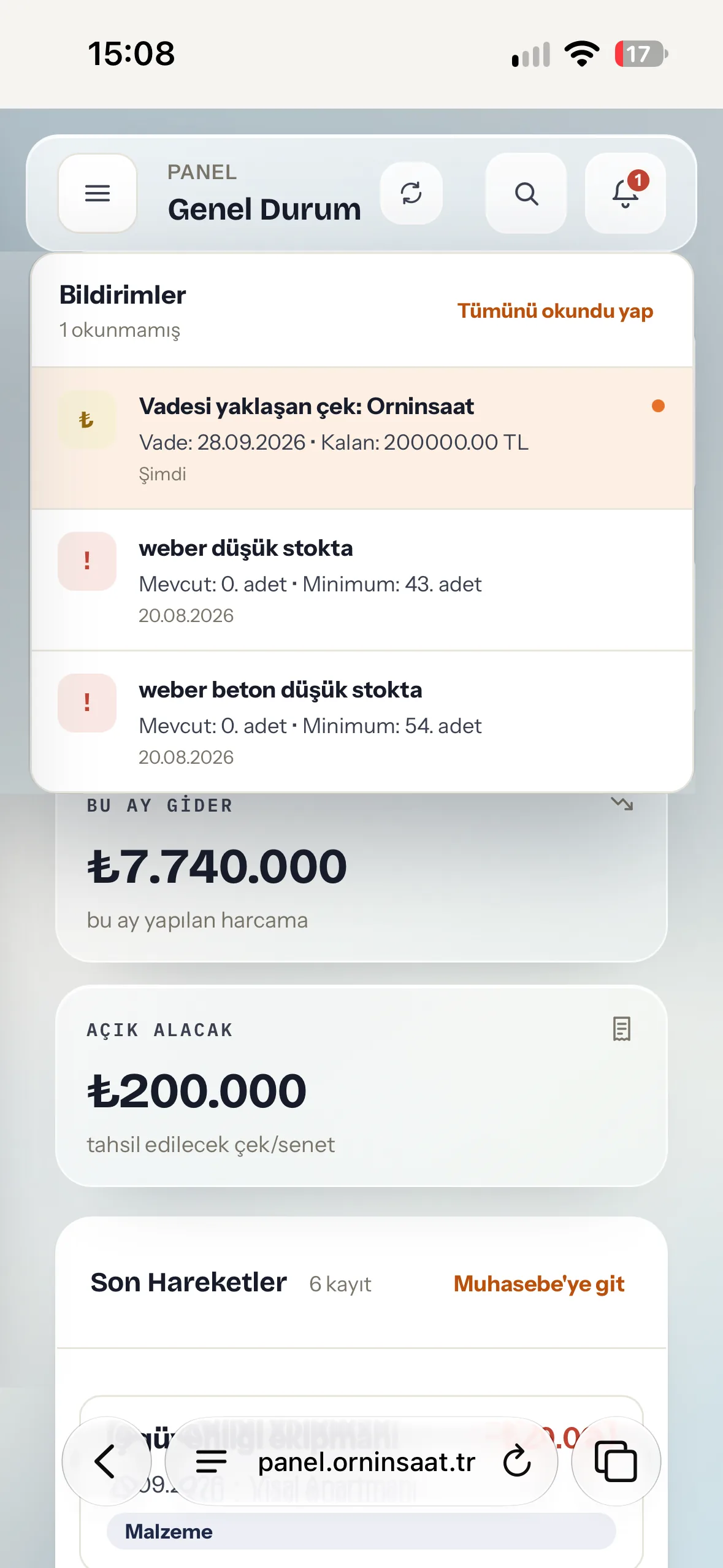 Bildirim merkezi — Ornİnşaat uygulaması