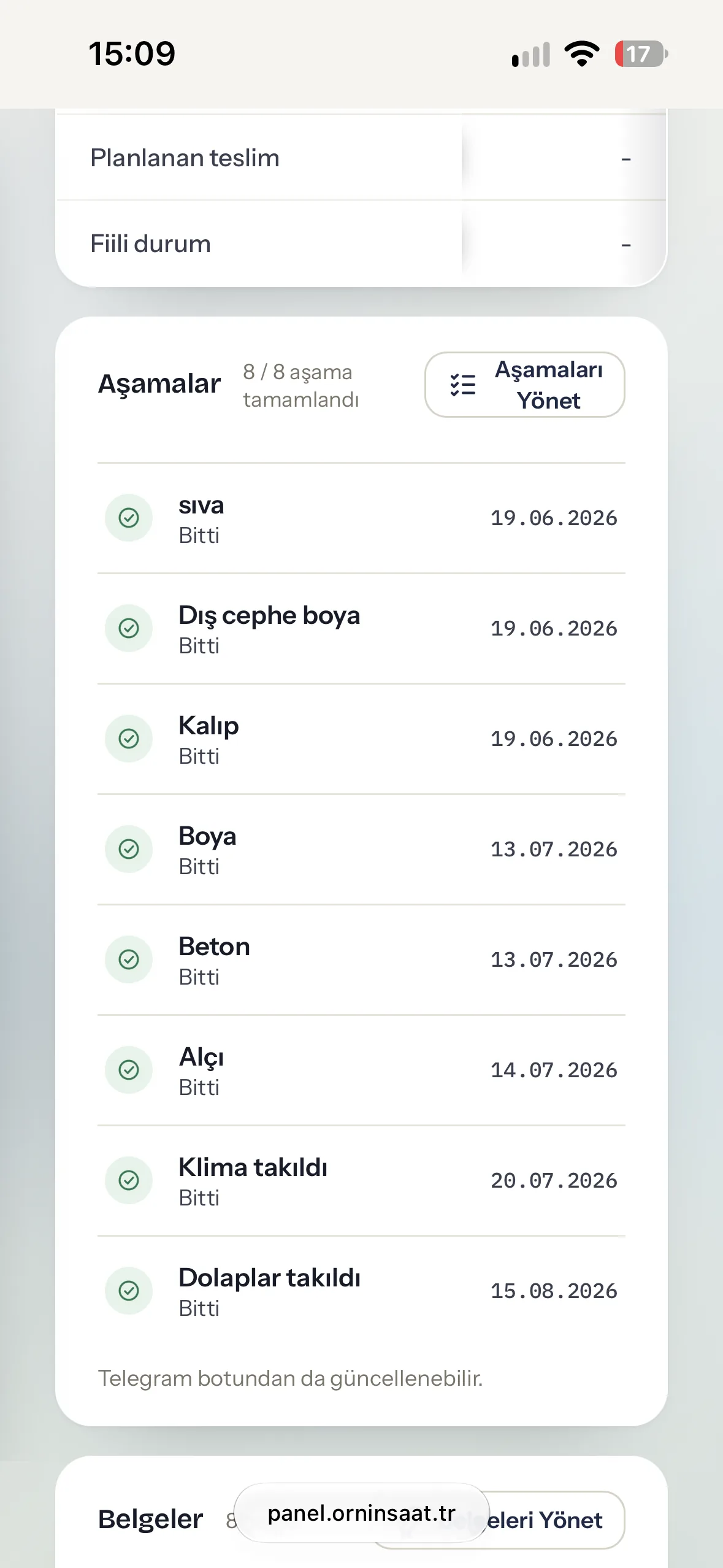 Tamamlanan proje aşamaları — Ornİnşaat uygulaması