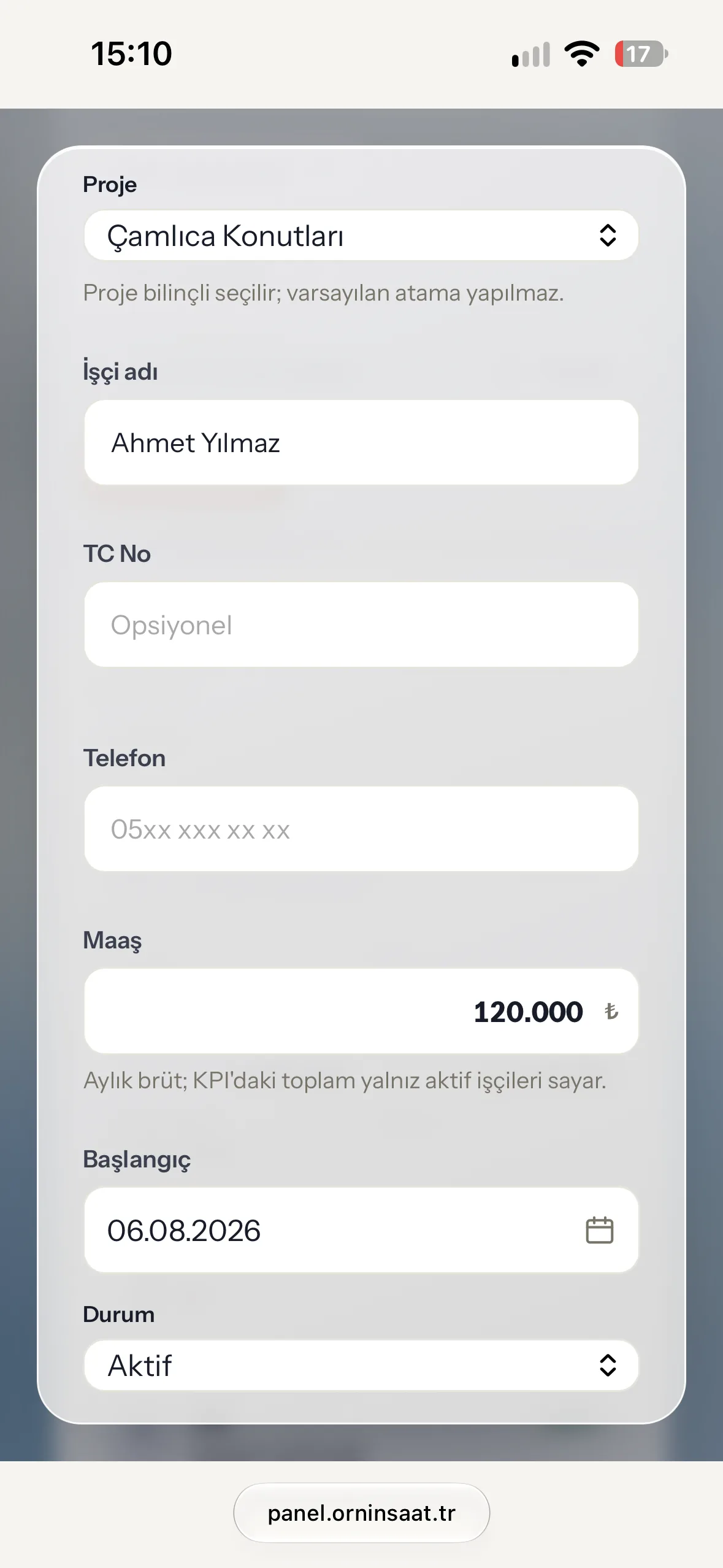 İşçinin projesi, maaşı ve başlangıç tarihi — Ornİnşaat uygulaması