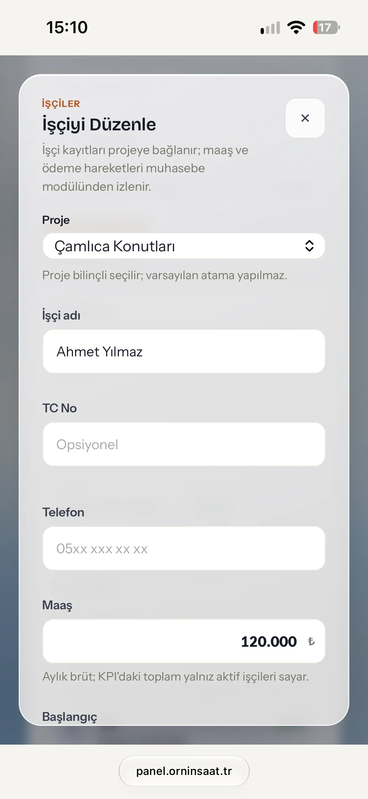 İşçi kartı — Ornİnşaat uygulaması