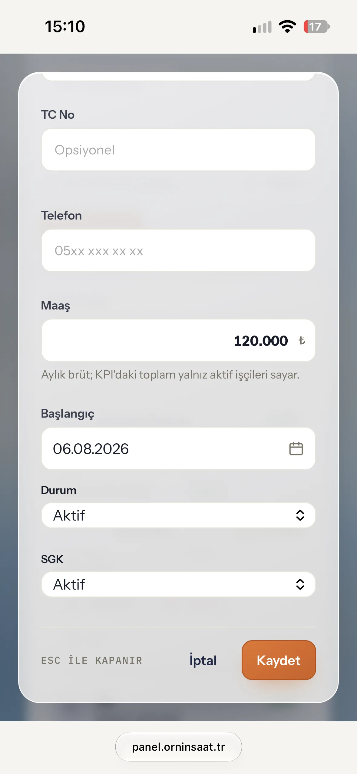 İşçi durumu ve SGK bilgileri — Ornİnşaat uygulaması