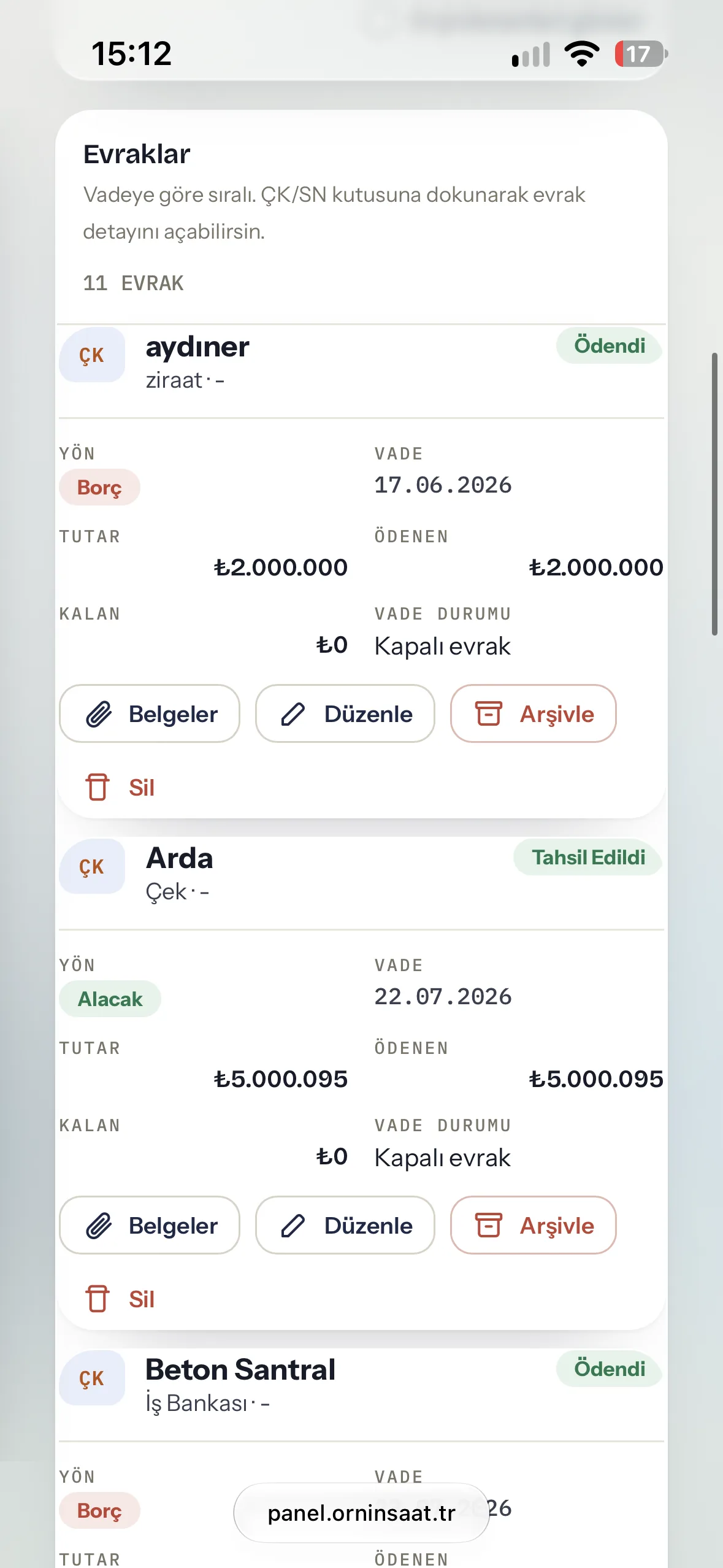 Telefonda evrak kartları ve işlemler — Ornİnşaat uygulaması