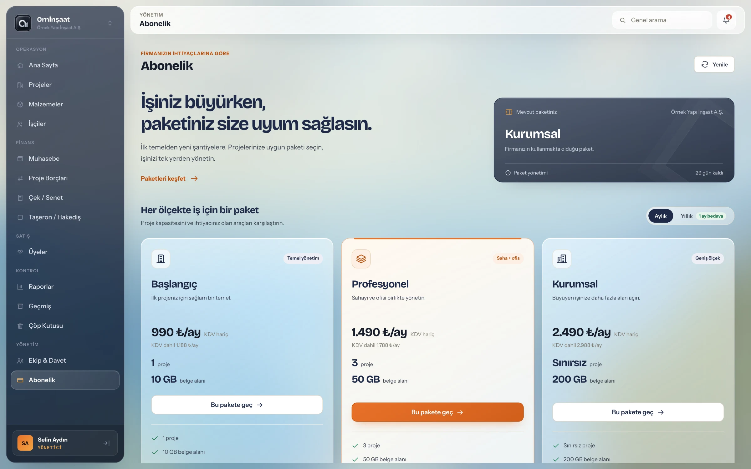 Paket karşılaştırması — Ornİnşaat uygulaması
